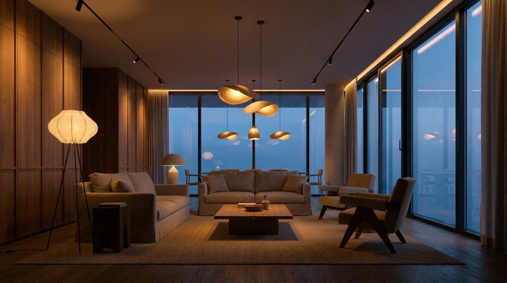Wohnraum mit eingeschaltetem Licht